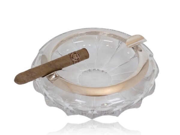 Overview of the Glass Silver Mounted Cigar Ash Tray with a cigar for scale