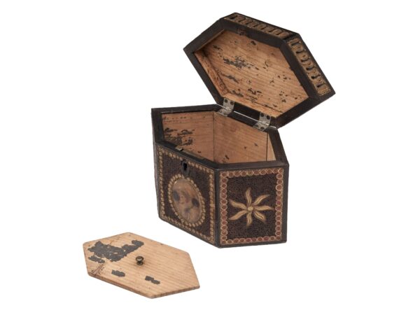 Front of the Paper Scroll Tea Caddy with the lid up and floating lid removed