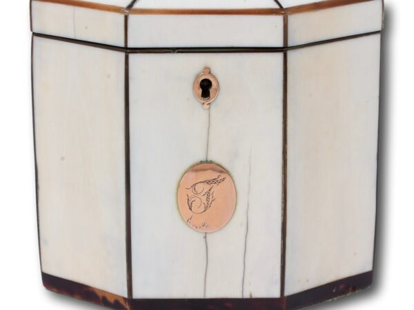 Close up of the front of the Antique Ivory Tent Top Tea Caddy