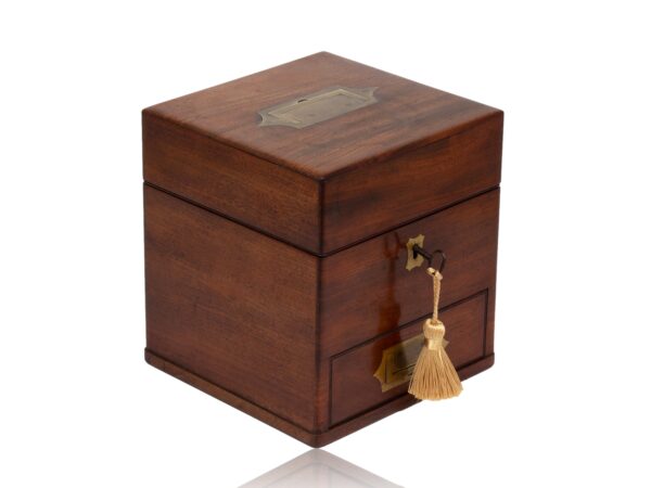 Front overview of the Antique Victorian Mahogany Apothecary Box with the key fitted