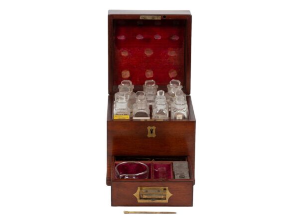 Front of the Antique Victorian Mahogany Apothecary Box with the lid up and drawer open