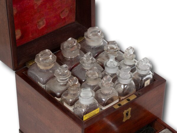 Close up of the bottles inside the Antique Victorian Mahogany Apothecary Box