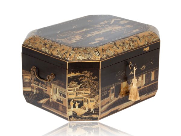 Front overview of the Chinese Export Lacquered Tea Chest with the key fitted