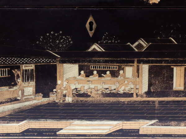 Close up of the front of the Chinese Export Lacquered Tea Chest