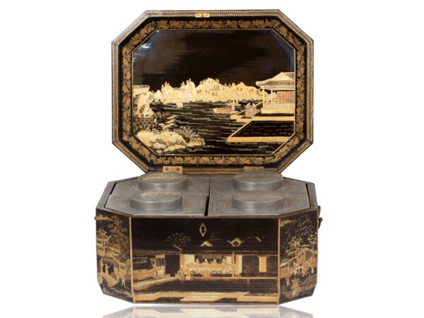 Front of the Chinese Export Lacquered Tea Chest with the lid up