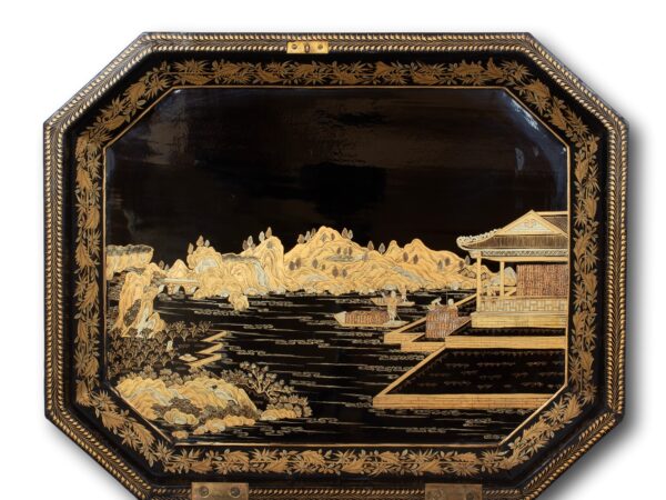 Close up of the decoration on inside of the lid of the Chinese Export Lacquered Tea Chest