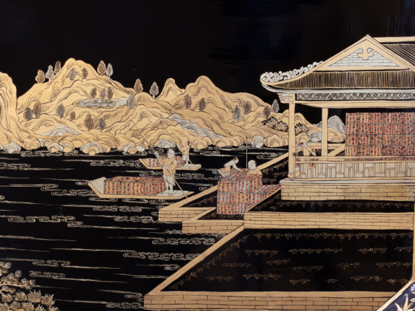 Close up of the decoration on inside of the lid of the Chinese Export Lacquered Tea Chest
