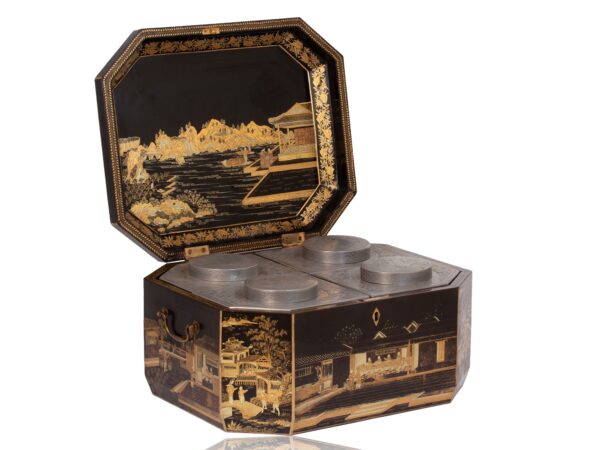 Front overview of the Chinese Export Lacquered Tea Chest with the lid up