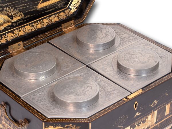 Close up of the tea caddies inside the Chinese Export Lacquered Tea Chest