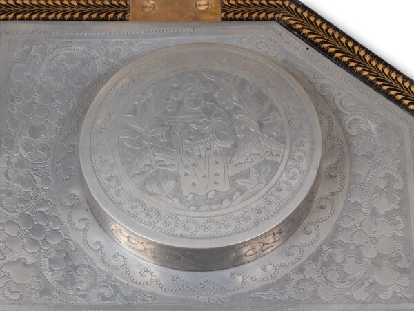 Close up of the tea caddy lids inside the Chinese Export Lacquered Tea Chest