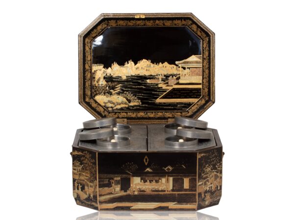 Front overview of the Chinese Export Lacquered Tea Chest with the lid removed