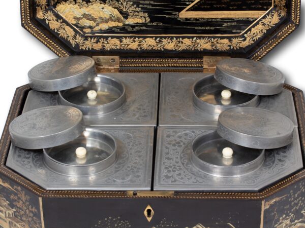Close up of the Chinese Export Lacquered Tea Chest with the lid removed