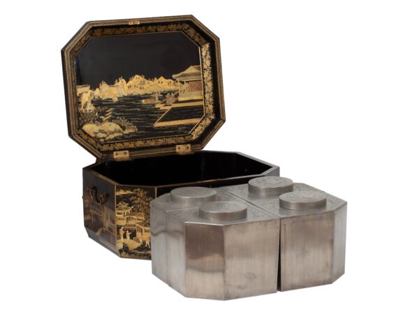 Front overview of the Chinese Export Lacquered Tea Chest with the caddies removed