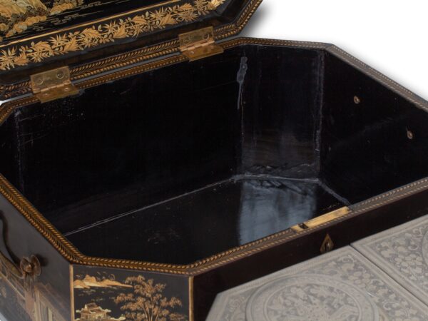 Close up of the inside of the lacquer from the Chinese Export Lacquered Tea Chest