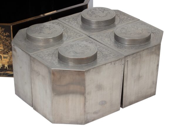 Front overview of the Chinese Export Lacquered Tea Chest with the caddies removed