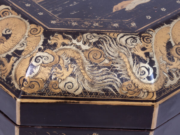 Close up of the dragon border from the Chinese Export Lacquered Tea Chest