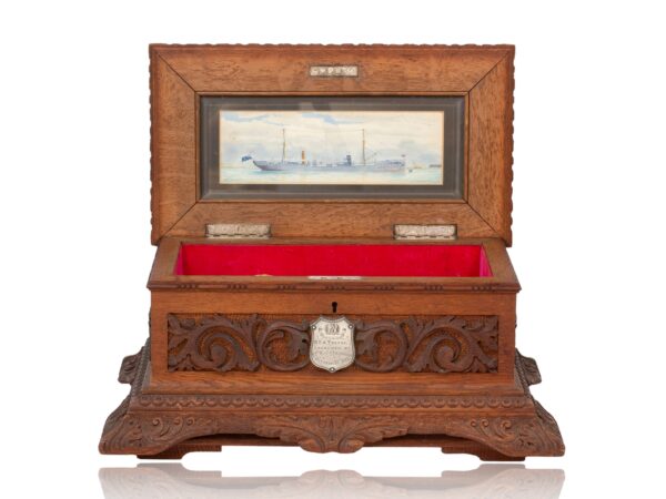 HMS Trefoil Ship Launching Presentation Casket with the lid up