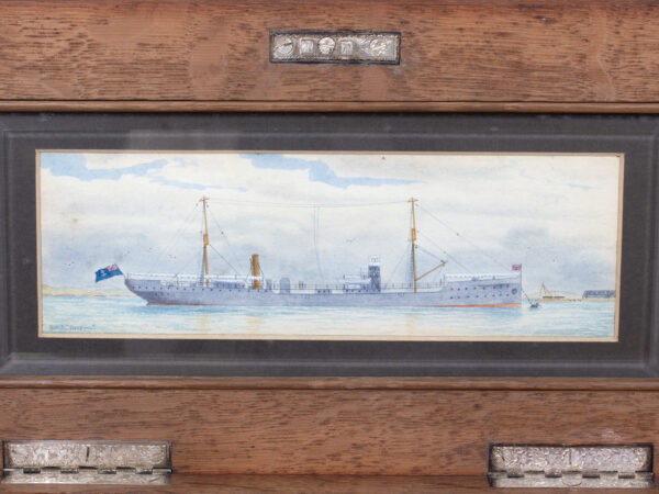 Close up of the water colour in the HMS Trefoil Ship Launching Presentation Casket