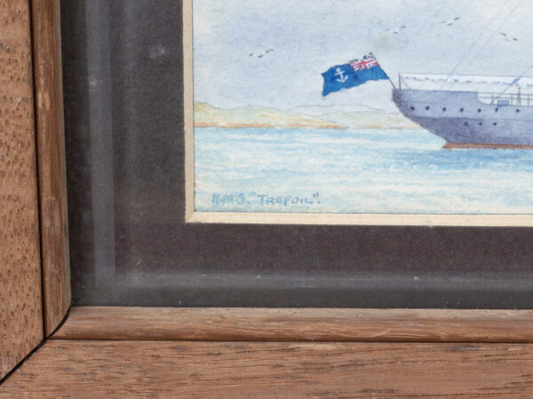 Close up of the water colour signature in the HMS Trefoil Ship Launching Presentation Casket