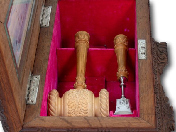 View of the mallet and chisel in the HMS Trefoil Ship Launching Presentation Casket
