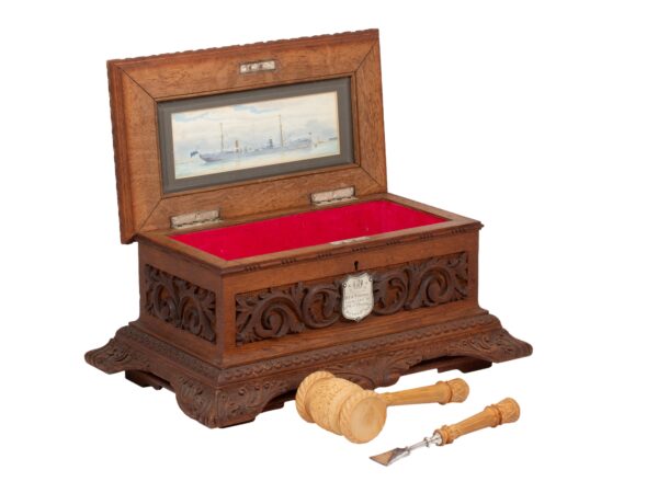 Overview of the casket with the tools removed from the HMS Trefoil Ship Launching Presentation Casket