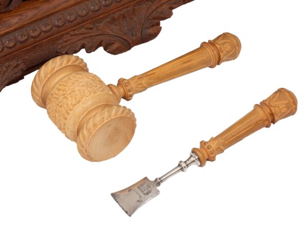 View of the mallet and chisel in the HMS Trefoil Ship Launching Presentation Casket