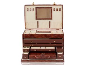 Front overview of the Leather Jewellery Vanity Travel Case opened with all drawers open