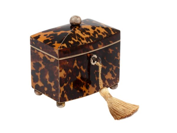 Front overview of the Miniature Bow Fronted Tortoiseshell Tea Caddy with the key fitted