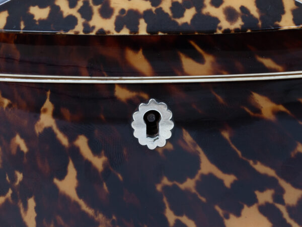 Close up of the escutcheon from the Miniature Bow Fronted Tortoiseshell Tea Caddy