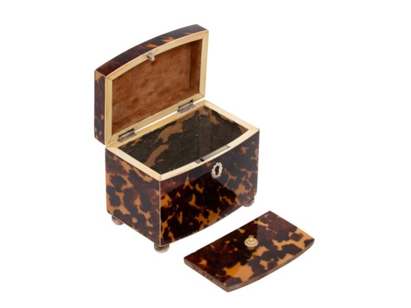 Front of the Miniature Bow Fronted Tortoiseshell Tea Caddy with the lid up and caddy lid removed