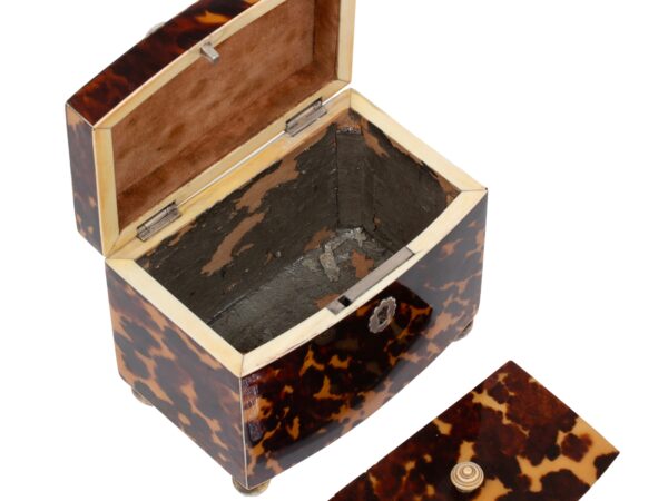 Close up of the interior from the Miniature Bow Fronted Tortoiseshell Tea Caddy with the lid up