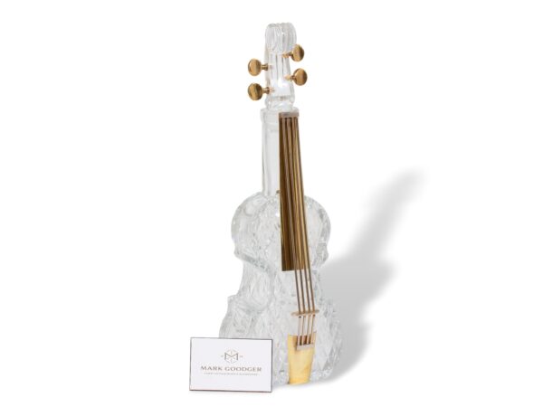 Overview of the Novelty Glass Cello Decanter next to a standard sized business card for scale