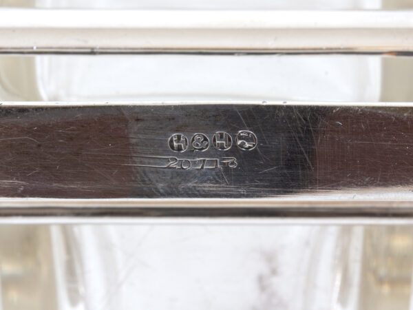 Close up of the hukin and heath marks from the Pair of Tilting Decanters Hukin & Heath
