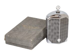 Front overview of the Ruddspeed Mercedes Radiator Decanter with the original box