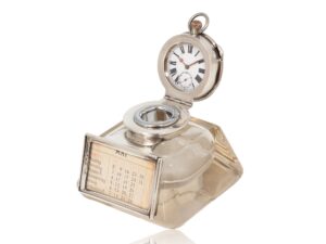 Front overview of the Silver Desk Inkwell Calendar Clock