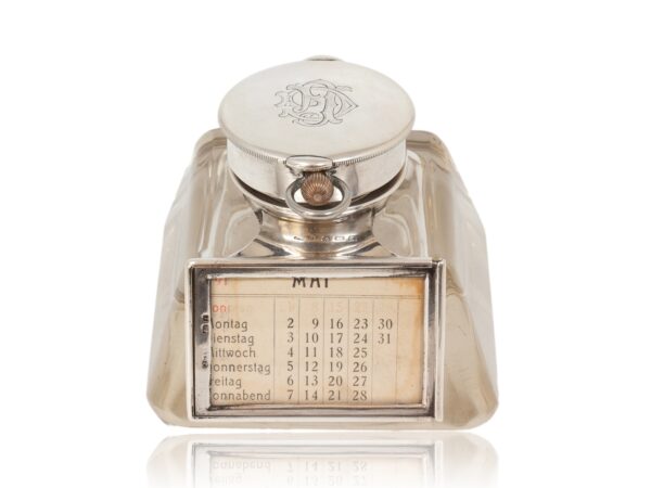 Front of the Silver Desk Inkwell Calendar Clock