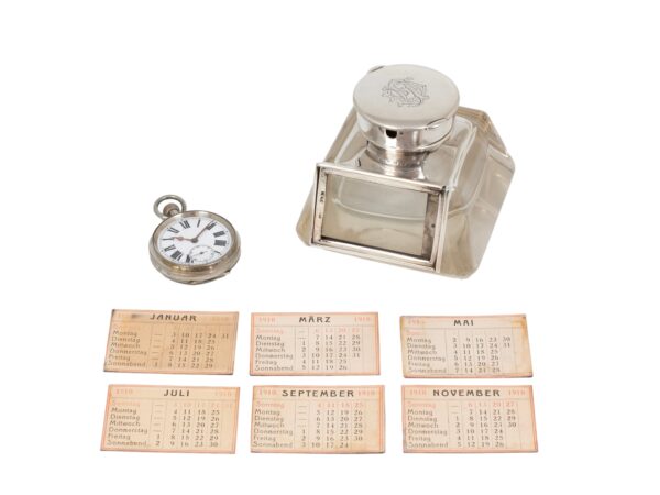 Overview of the Silver Desk Inkwell Calendar Clock components