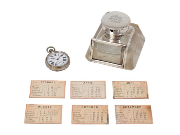 Overview of the Silver Desk Inkwell Calendar Clock components