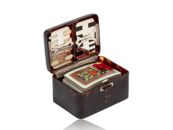 Front overview of the Tortoiseshell Card Box Henry Atkins with the lid up