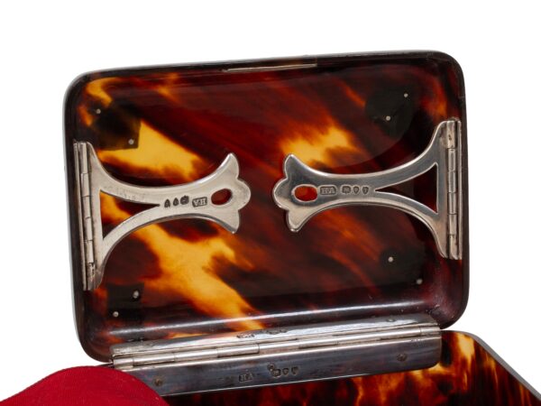 Close up of the solid silver hinges Tortoiseshell Card Box Henry Atkins