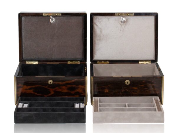 Front of the His and Hers Coromandel Jewellery Boxes by Asprey with the lid up and trays removed