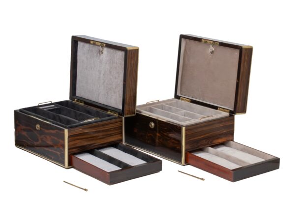 Front overview of the His and Hers Coromandel Jewellery Boxes by Asprey with the lid up and hidden side drawer open