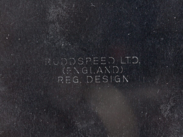 Close up of the manufactures label on the Jaguar SS Car Radiator Decanter by Ruddspeed
