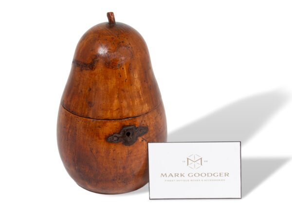 Overview of the Continental Novelty Pear Fruit Tea Caddy next to a standard business card for scale