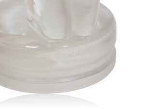 Close up of the signautre on the Rene Lalique Car Mascot Chrysis 1183