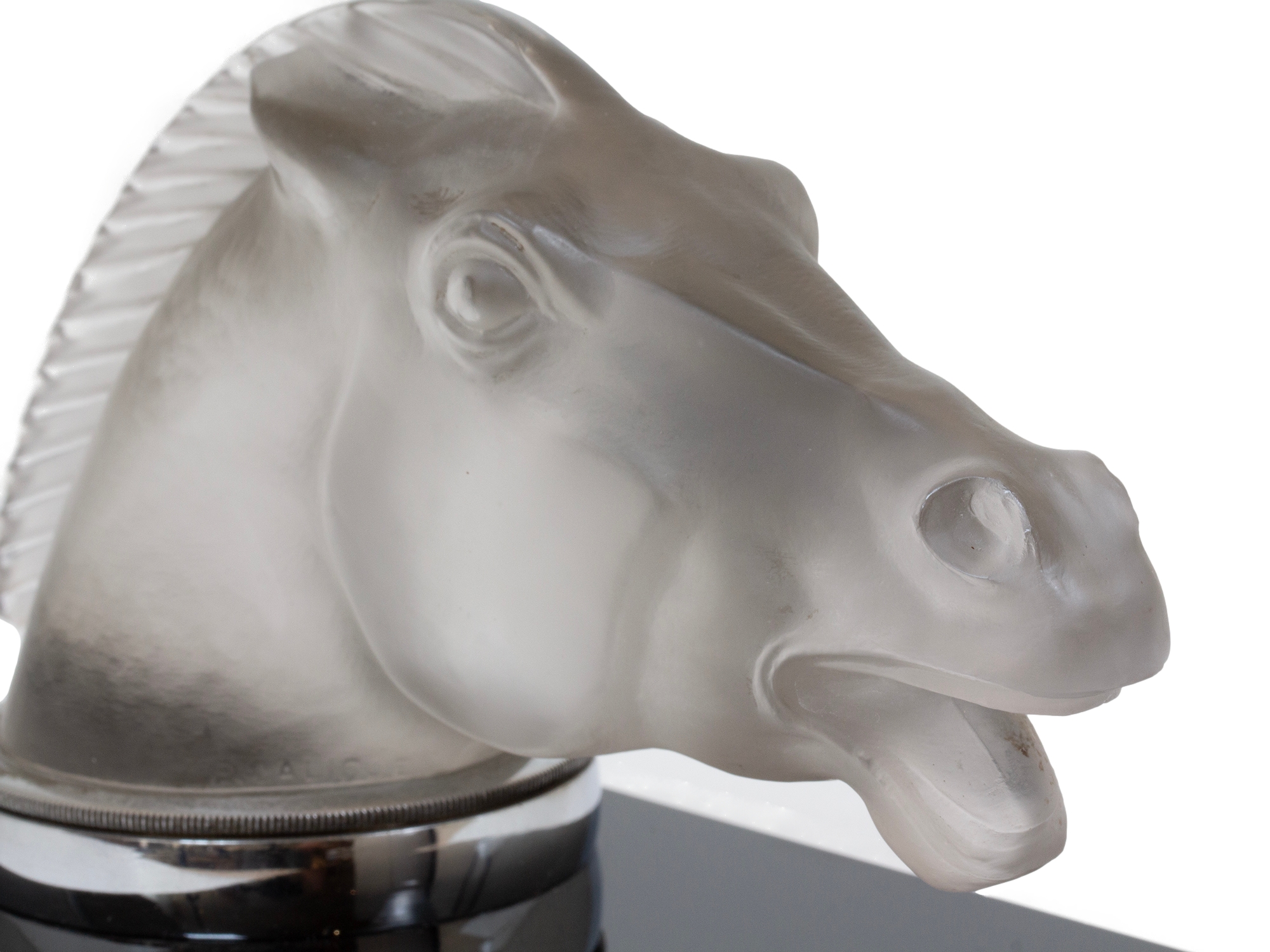 Close up of the horse head from the Rene Lalique Car Mascot Epsom 1153