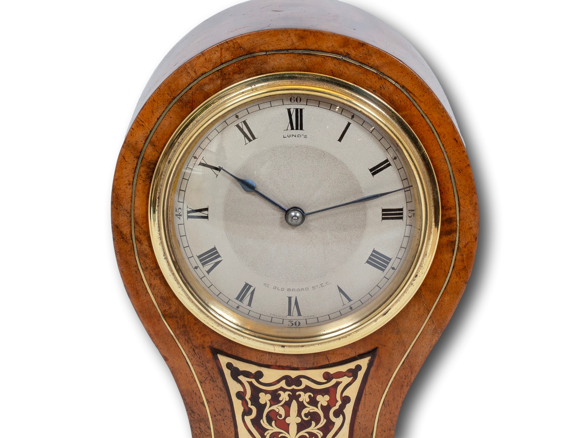 Close up of the dial from the Balloon Clock with Boulle by Lund