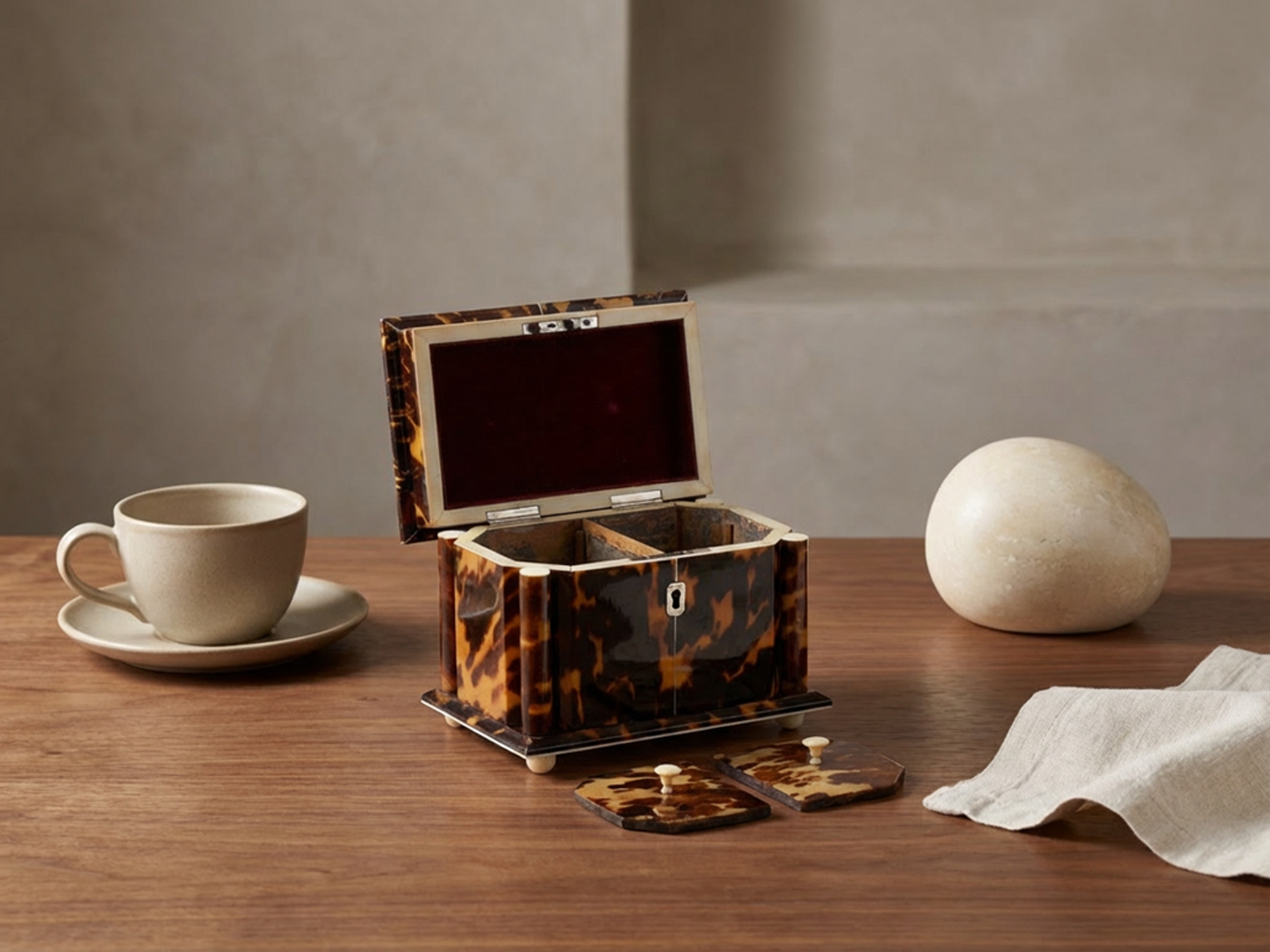 Tortoiseshell tea caddy in a lifestyle setting