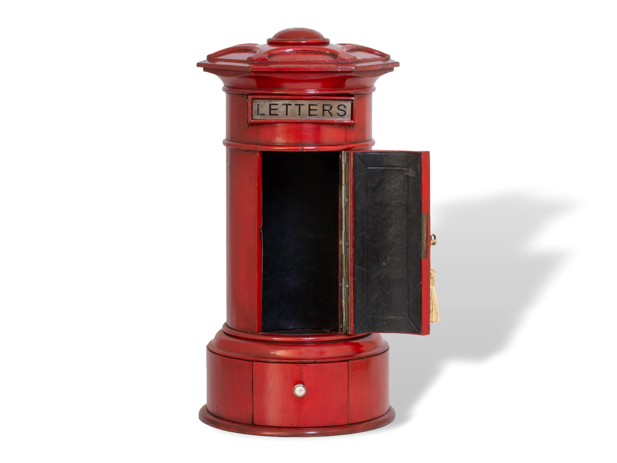 Red post box front overview with the door open