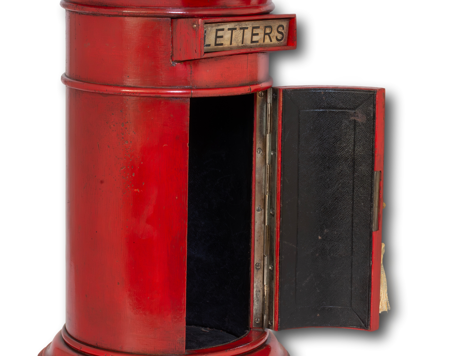 Red post box close up of the inside door